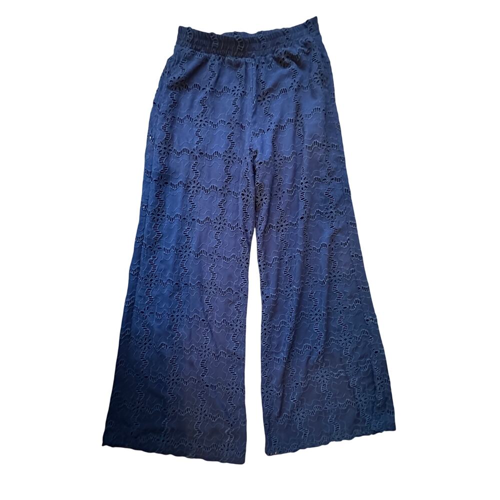 Johnny Was Jade Blue Eyelet Boho Wide Leg Pants Size XS Coastal Cowgirl Festival
